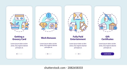 Vaccination bonuses onboarding mobile app page screen. Getting grocery card walkthrough 4 steps graphic instructions with concepts. UI, UX, GUI vector template with linear color illustrations