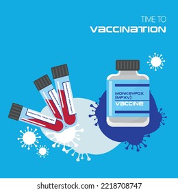 Vaccination for booster shot for Smallpox and Monkeypox (MPXV). Doctor with vial of the doses vaccine for Monkeypox (MPXV) disease. test tube with blood sample for monkeypox test 