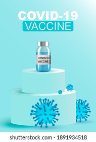 Vaccination bottle. Doctor hand in medical glove hold test tube or bottle for protection flu virus and coronavirus. Covid vaccine isolated on blue. Close up vial dose flu shot drug needle syringe.