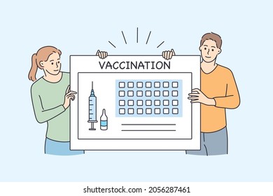 Vaccination calendar and healthcare during pandemic concept. Young people girl and boy standing near huge board with syringe and vaccination lettering vector illustration 