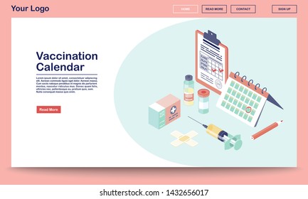 Vaccination calendar webpage vector template with isometric illustration. Flu, hepatitis diseases prevention. Immunization services. Website interface design. Webpage, mobile app 3d concept