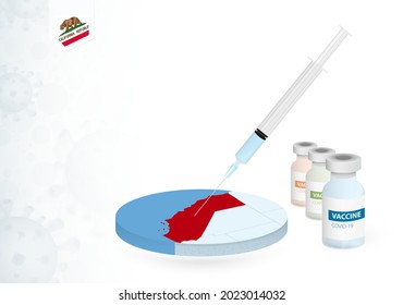 Vaccination in California with different type of COVID-19 vaccine. Сoncept with the vaccine injection in the map of California. Vector illustration.