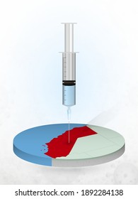 Vaccination of California, injection of a syringe into a map of California. Vector illustration of a syringe with vaccine and map.