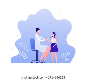 Vaccination campaign concept. Vector flat person illustration. Pediatrician medicine. Woman doctor shot injection by syringe to girl. Design element for health care medical banner, poster, infographic