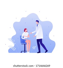 Vaccination campaign concept. Vector flat person illustration. Coronavirus virus protection.. Male doctor shot injection by syringe to woman. Design element for health care medical banner, poster.