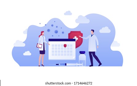 Concepto de campaña de vacunación. Ilustración de persona plana vectorial. Protección antivirus. Equipo médico. Calendario, escudo, símbolo de jeringa. Elemento de diseño para la atención médica pancarta, afiche.