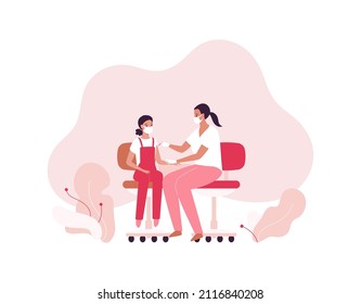 Vaccination campaign concept. Vector flat healthcare character illustration. Female pediatrician doctor make vaccine to girl patient shoulder on abstract background. People in facemask.