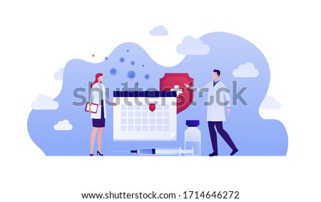 Vaccination campaign concept. Vector flat person illustration. Virus protection. Doctor team. Calendar, shield, syringe symbol. Design element for health care medical banner, poster.
