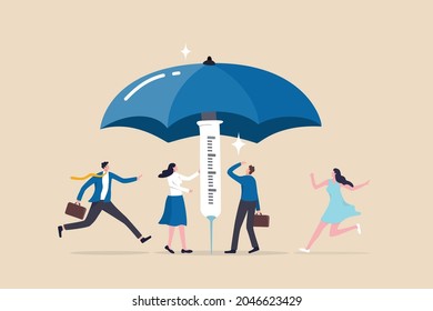 Vaccination campaign help build herd immunity to protect from Coronavirus infection, vaccinated people running to get covered sheltered under big strong umbrella built from vaccine syringe.