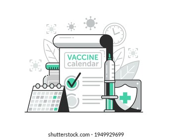 Vaccination campaign illustration with flu or COVID vaccine calendar in line art design. Time to vaccinate immunization and corona virus prevention concept.