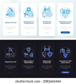 Vaccination campaign onboarding mobile app page screen. Keeping job walkthrough 4 steps graphic instructions with concepts. UI, UX, GUI vector template with linear night and day mode illustrations