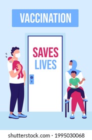 Vaccination campaign poster flat vector template. Health care during pandemic. Brochure, booklet one page concept design with cartoon characters. Vaccine save lives flyer, leaflet with copy space