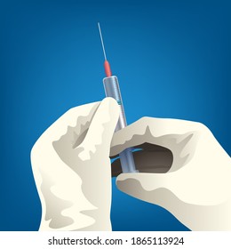 Vaccination campaign with a syringe in the hands of a doctor, to symbolize the fight against the COVID-19 epidemic.