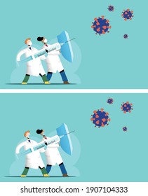 Vaccination campaign vector flat illustration against covid-19. A team of doctors fighting coronavirus. Two doctors wearing surgical masks or FFP2 masks, holding a syringe and a shield.  