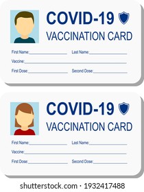 Vaccination card, vaccine certificate, blue letters on gray backround, male and female photo vectors.