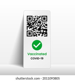 Vaccination certificate covid 19. Qr-code on mobile phone. Coronavirus. Smartphone rests on the wall. Template, mockup. Realistic 3d vector