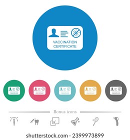 Vaccination certificate flat white icons on round color backgrounds. 6 bonus icons included.