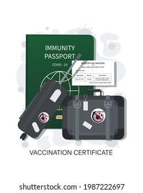 Vaccination certificate. Immunity document. Baggage. Safe travel. Covid 19 immunity symbol sign. Vector illustration image isolated on white background. Vector illustration.