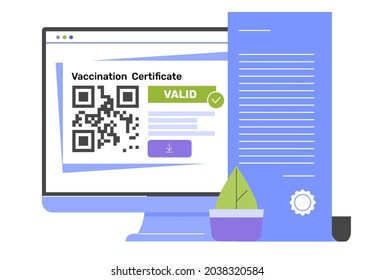 Certificado de vacunación en un monitor de ordenador. Documento digital. Descargue el archivo a través del código QR. Protección contra la infección por coronavirus y atención de la salud. Ilustración plana vectorial.