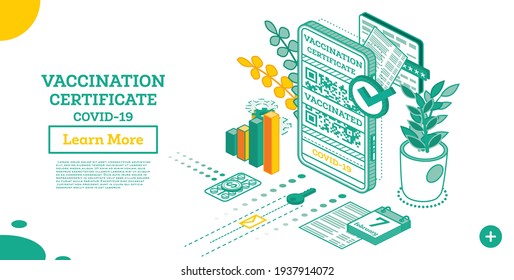 Vaccination Certificate on Screen of Smartphone. Isometric International Certificate of Immunization. Vector Illustration. Health Passport with QR-code.