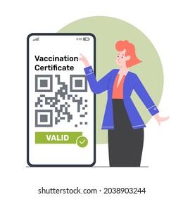 Vaccination certificate on smartphone screen. Digital document validation. Protection against coronavirus infection and health care. Female character shows at the QR code. Vector flat illustration.