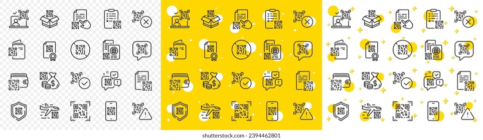 Vaccination certificate, phone qr scan and qrcode document set. Qr code line icons. Verification process, code scanning and boarding pass line icons. Valid vaccination qr passport. Vector