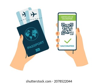 Vaccination certificate with qr code on phone screen. Status vaccinated done. Online results covid vaccine in app. Boarding pass tickets in passport. Travel to new requirements. Vector illustration