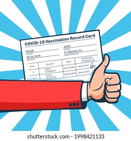 Certificado de vacunación y miniaturas hacia arriba - plantilla de cartel vectorial. Tarjeta de registro de vacunación Covid-19.
