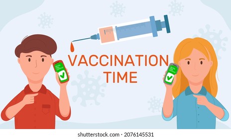 Vaccination certificate vector flat cartoon illustration. Man and woman showing smartphone with vaccine QR code on mobile app or screen.  Certificate for the Covid-19 coronavirus vaccine