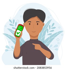 Ilustración de dibujos animados planos vectoriales con certificado de vacunación. Un hombre muestra un smartphone con un código QR de la vacuna en una aplicación móvil o pantalla.  Certificado de vacuna contra el coronavirus Covid-19