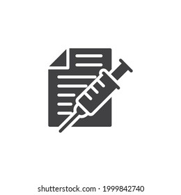 Icono vectorial del certificado de vacunación. signo plano relleno para concepto móvil y diseño web. Documento médico e icono de glifo de jeringa. Símbolo, ilustración del logotipo. Gráficos vectoriales