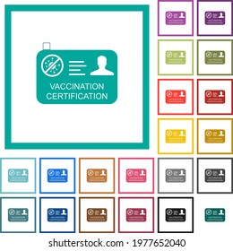 Vaccination certification flat color icons with quadrant frames on white background