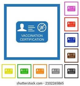 Vaccination certification flat color icons in square frames on white background