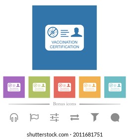 Vaccination certification flat white icons in square backgrounds. 6 bonus icons included.