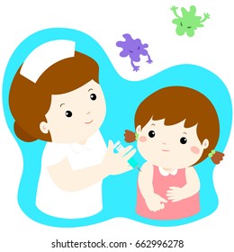 Vaccination child cartoon vector illustration.
Nurse giving vaccination injection to cute little girl vector.