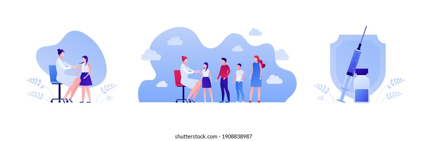 Vaccination for child and covid19 virus protection concept. Vector flat people illustration set. Vaccine shot in syringe with vial. Female doctor shot vaccine to girl and child queue isolated on white