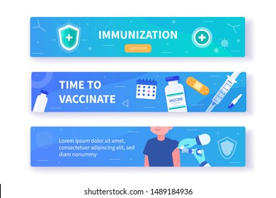 Vaccination and Child Immunization Concept Templates for Horizontal Web Banners. Doctor giving Patient Vaccine. Can use for Medical Backgrounds, Infographics. Flat Cartoon Modern Vector Illustration.