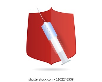 Vaccination of children and adult vector. Needle and syringe, vaccine, shield. Injection and health care concept. Drug against the flu.