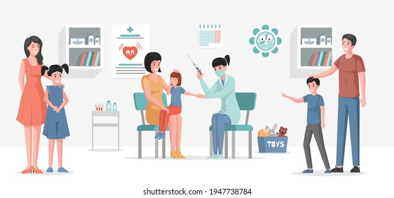 Vaccination of children against different diseases vector flat cartoon illustration. Mothers and fathers with kids in hospital waiting for their turn for injections. Immunity health concept.