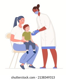 Vacunación de niños para inmunidad de rebaño y protección contra el coronavirus. La enfermera administra la vacuna a un niño en el regazo de su madre. Ilustración vectorial caricatura plana fondo blanco aislado.