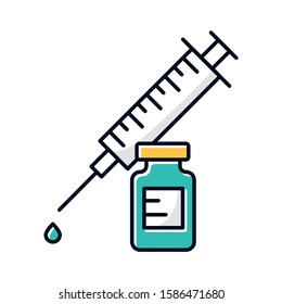 Vaccination color icon. Syringe with vial. Common cold prevention. Immunization shot. Flu and influenza virus precaution. Healthcare. Medication and pharmacy. Isolated vector illustration