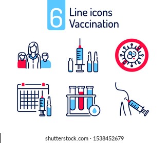 Vaccination color line icons set. Family, syringe and ampoules, virus protection, test tube. Pictogram for web, mobile app, promo. UIUX design element. Editable stroke.