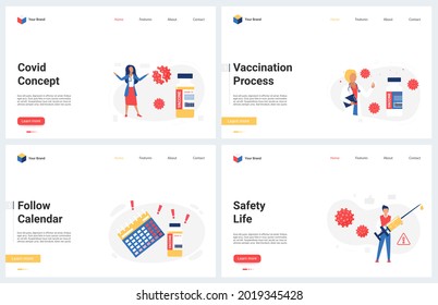 Vaccination company planning to stop coronavirus vector illustration. Cartoon modern concept landing page set with calendar plan for vaccine injection on doctor appointment, safety health protection