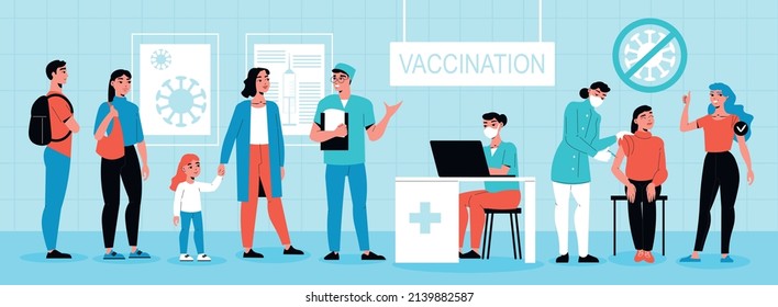 Vaccination composition with indoor scenery and horizontal view of people standing in line for vaccine shot vector illustration