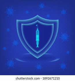 Vaccination concept. Abstract syringe with security shield for virus protection. 