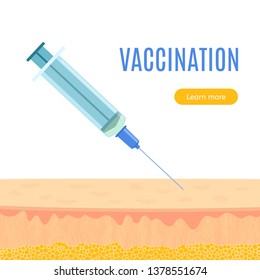 Vaccination Concept Aiming To Raise Awareness. Medical Syringe With A Needle For Rabies, Polio, Measles, Tetanus Vaccine. Flu Shot And Immunization Concept. Vector Illustration.