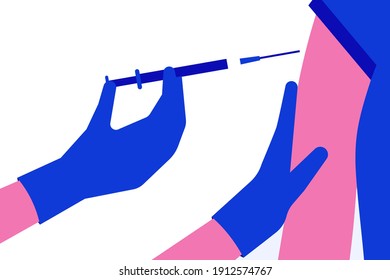 Vaccination concept. Applicable for covid 19, coronavirus, flu vaccine injection, vaccination illustration. Nurse in blue rubber gloves gives injection to patient. Covid vaccine. Vector illustration