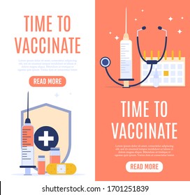 Vaccination concept banner with text place. Vector medical illustration. Time to vaccinate. Landing page template. Flu immunization treatment. Virus prevention hospital vaccinate health care.