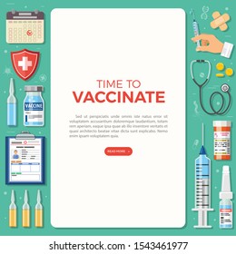 Vaccination Concept Banner. Time To Vaccinate Medical Document With Syringe, Vaccine Bottle, Patient Medical Card. Flat Style Icon. Vector Illustration