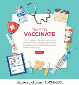 Vaccination concept banner. time to vaccinate medical document with syringe, vaccine bottle, patient medical card. flat style icon. vector illustration